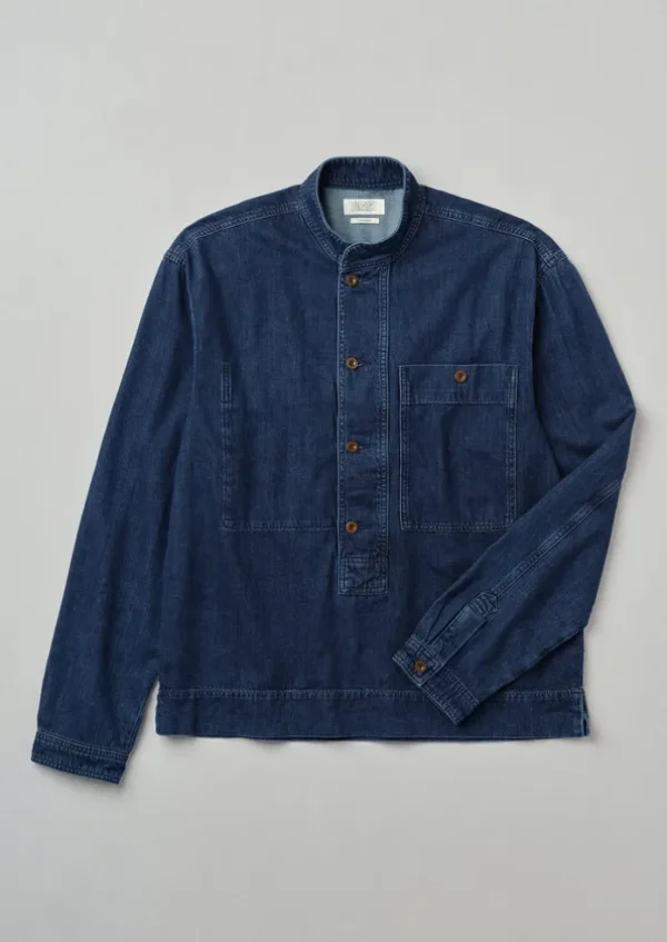 TOAST Denim | Workwear-Grandad Collar Half Placket Denim Shirt